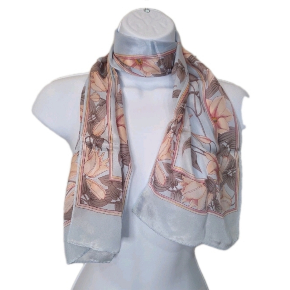 Sacha Pastel Blue Silk Rectangle Scarf with Pink Lillies 46x10 necktie hair